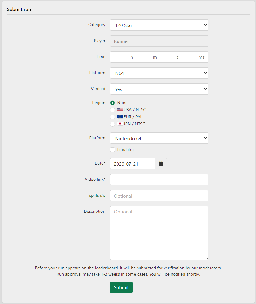 Speedrun.com Super Mario 64 run submission form